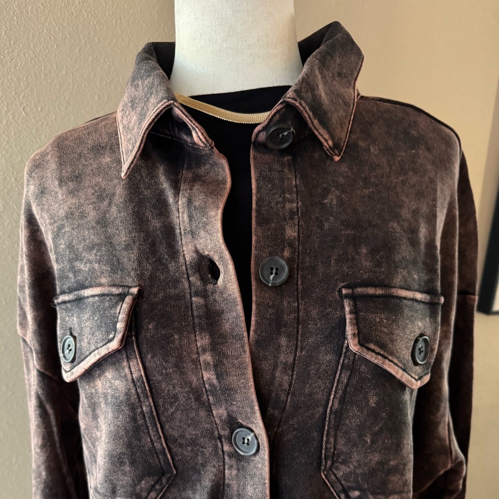 Women's Brown Acid Wash Button Down Shacket - Picture 5 of 7